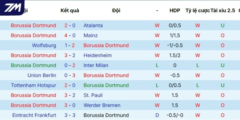 Thành tích các lần ra sân gần đây của Dortmund